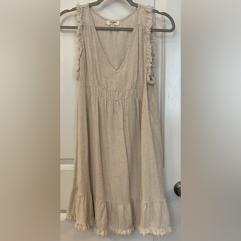 Umgee USA Sundress Sz S Beige Linen/Cotton Fringe Trim On Sleeves & Hem